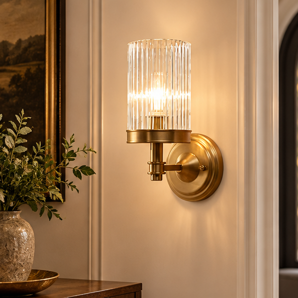 RoyaleGlow Ribbed Glass Wall Sconce - Vintage Brass Cylinder Wall Lamp Fixture