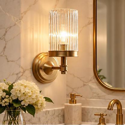 RoyaleGlow Ribbed Glass Wall Sconce - Vintage Brass Cylinder Wall Lamp Fixture