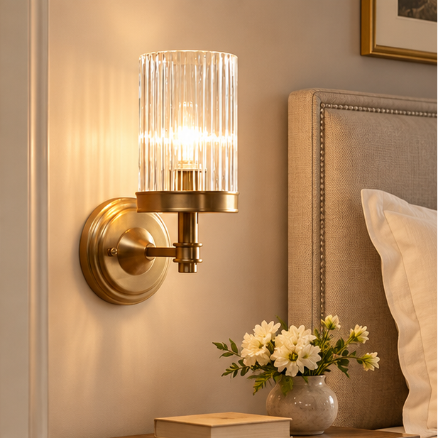 RoyaleGlow Ribbed Glass Wall Sconce - Vintage Brass Cylinder Wall Lamp Fixture