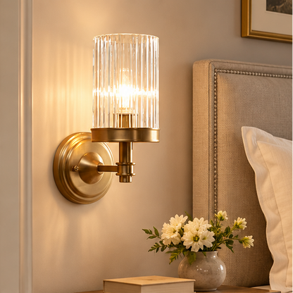 RoyaleGlow Ribbed Glass Wall Sconce - Vintage Brass Cylinder Wall Lamp Fixture
