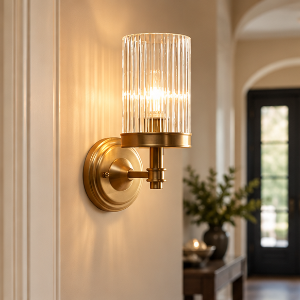 RoyaleGlow Ribbed Glass Wall Sconce - Vintage Brass Cylinder Wall Lamp Fixture