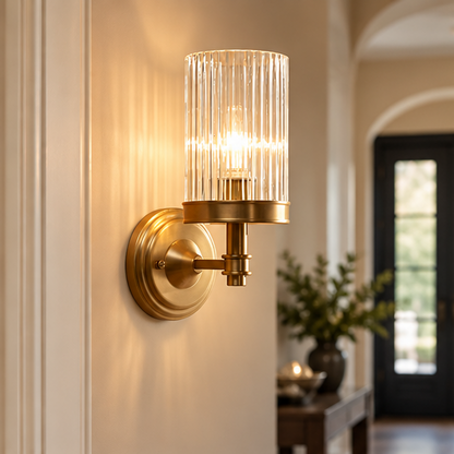 RoyaleGlow Ribbed Glass Wall Sconce - Vintage Brass Cylinder Wall Lamp Fixture