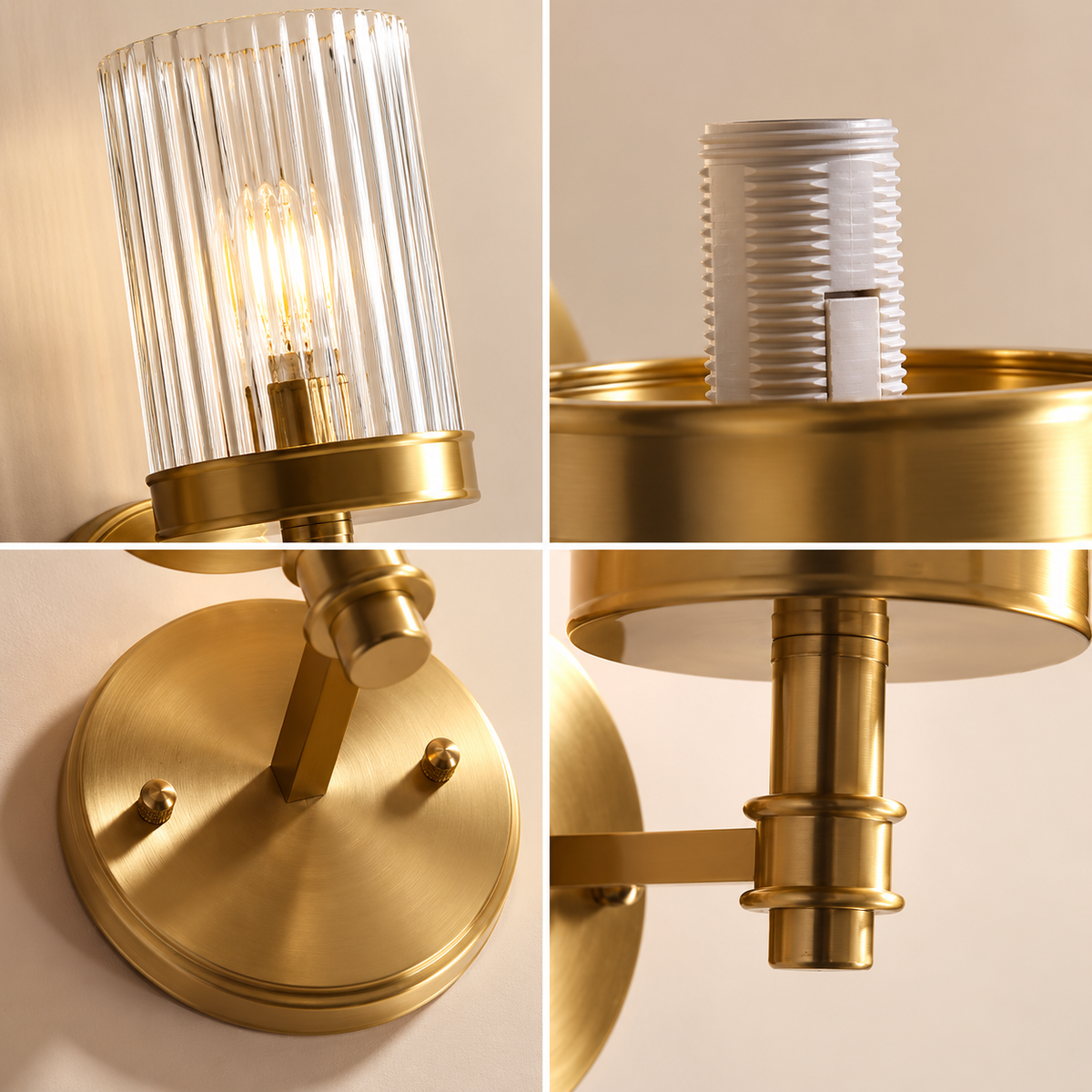 RoyaleGlow Ribbed Glass Wall Sconce - Vintage Brass Cylinder Wall Lamp Fixture