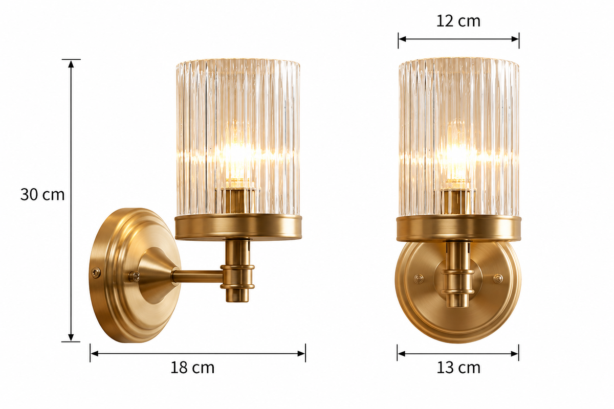 RoyaleGlow Ribbed Glass Wall Sconce - Vintage Brass Cylinder Wall Lamp Fixture