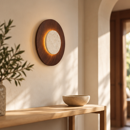 RoyaleGlow Yellow Travertine Round Wall Lamp-Modern Stone Lighting Fixture