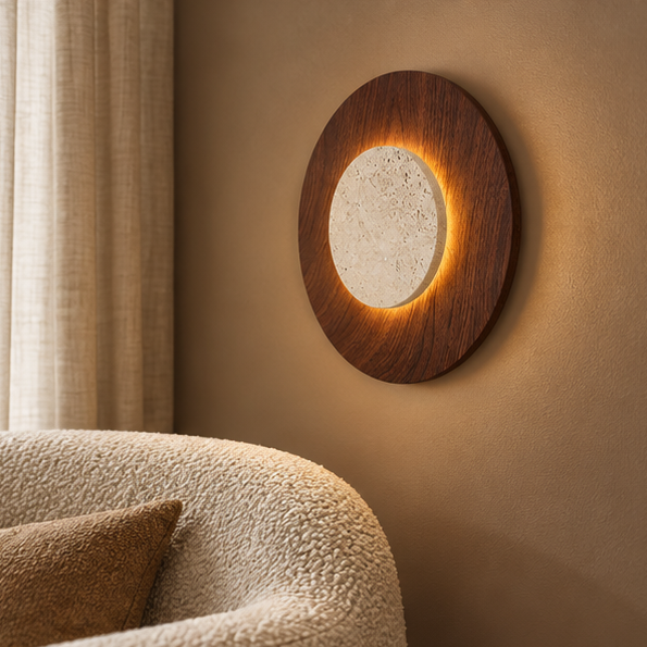 RoyaleGlow Yellow Travertine Round Wall Lamp-Modern Stone Lighting Fixture