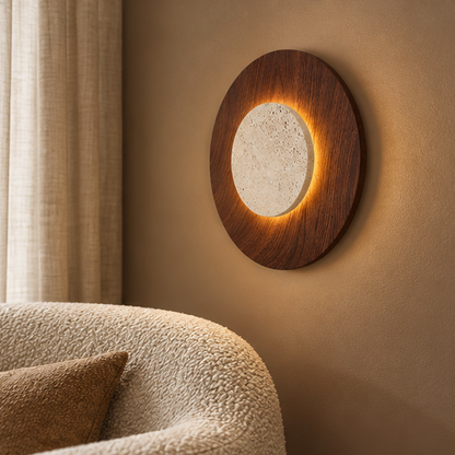 RoyaleGlow Yellow Travertine Round Wall Lamp-Modern Stone Lighting Fixture