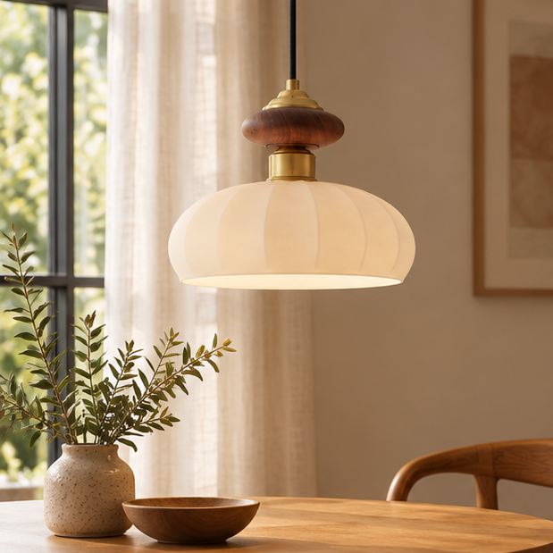RoyaleGlow Modern Glass Pendant Light Brass And Walnut Kitchen Island Hanging Lamp