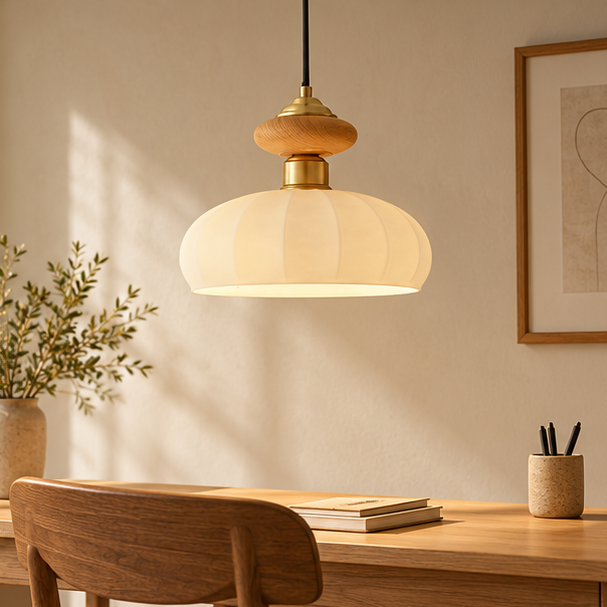 RoyaleGlow Modern Glass Pendant Light Brass And Walnut Kitchen Island Hanging Lamp