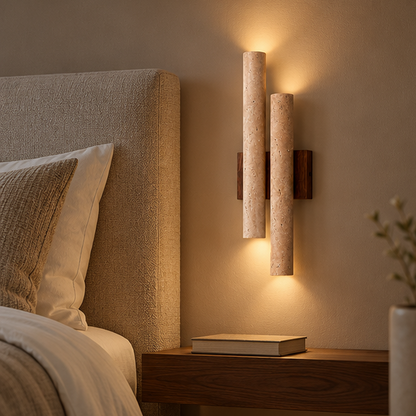RoyaleGlow Travertine Wall Sconce-Wooden Base LED Light Fixture