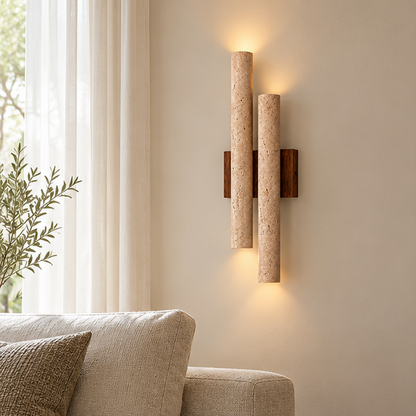 RoyaleGlow Travertine Wall Sconce-Wooden Base LED Light Fixture