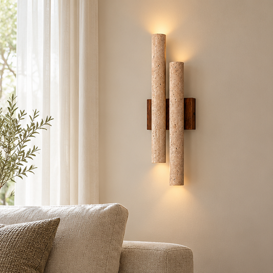 RoyaleGlow Travertine Wall Sconce-Wooden Base LED Light Fixture - Royale Basic