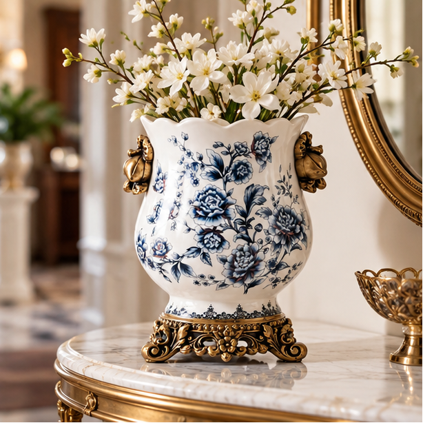 RoyaleGlow Large Ceramic Floral Vase With Scalloped Rim And Vintage Handles