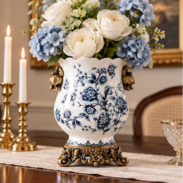 RoyaleGlow Large Ceramic Floral Vase With Scalloped Rim And Vintage Handles