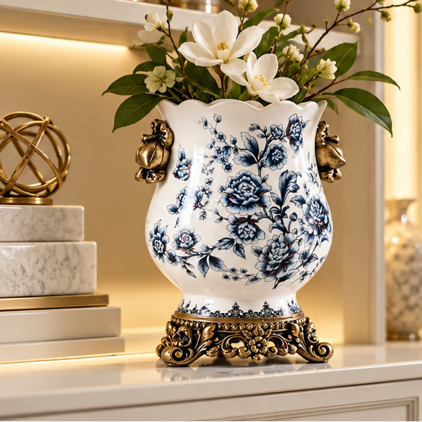 RoyaleGlow Large Ceramic Floral Vase With Scalloped Rim And Vintage Handles
