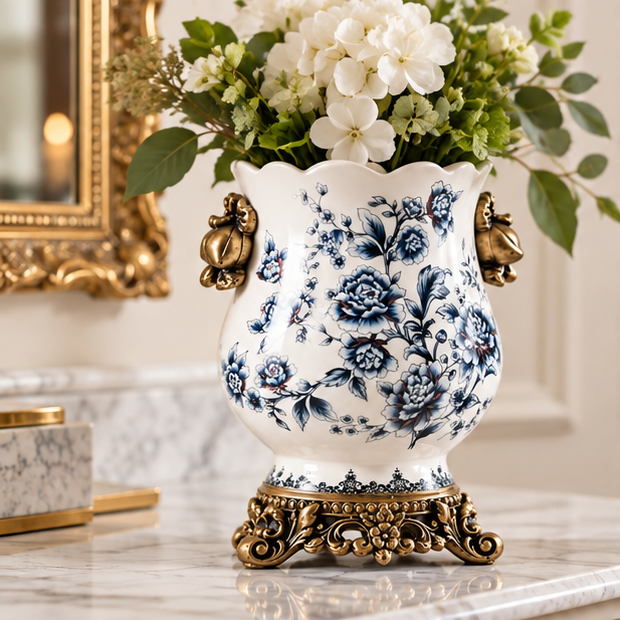 RoyaleGlow Large Ceramic Floral Vase With Scalloped Rim And Vintage Handles