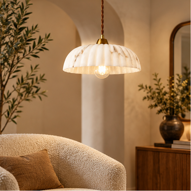 RoyaleGlow Natural Alabaster Shade Hanging Pendant Light with Antique Gold Finish