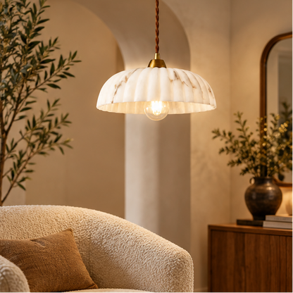 RoyaleGlow Natural Alabaster Shade Hanging Pendant Light with Antique Gold Finish