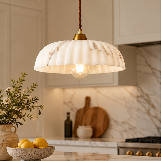 RoyaleGlow Natural Alabaster Shade Hanging Pendant Light with Antique Gold Finish
