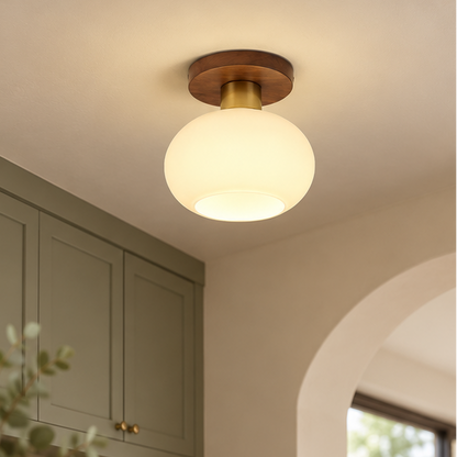 RoyaleGlow Modern Glass Globe Ceiling Light-Flush Mount Wood Base