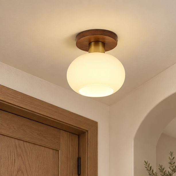 RoyaleGlow Modern Glass Globe Ceiling Light-Flush Mount Wood Base