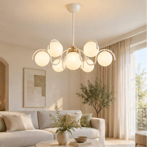 RoyaleGlow Modern Glass Globe Chandelier-Curved Arm Hanging Light Fixture