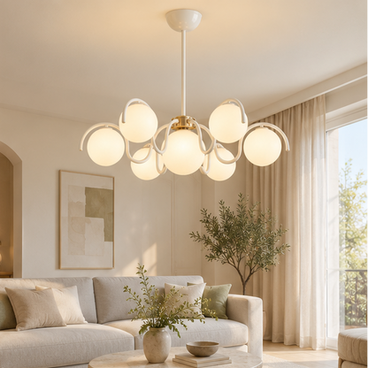 RoyaleGlow Modern Glass Globe Chandelier-Curved Arm Hanging Light Fixture