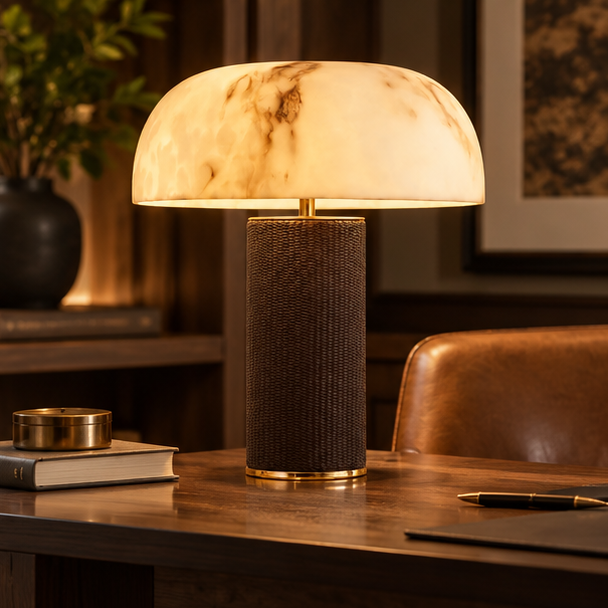 RoyaleGlow Dimmable Modern Table Lamp with Leather Base & Faux Alabaster Shade