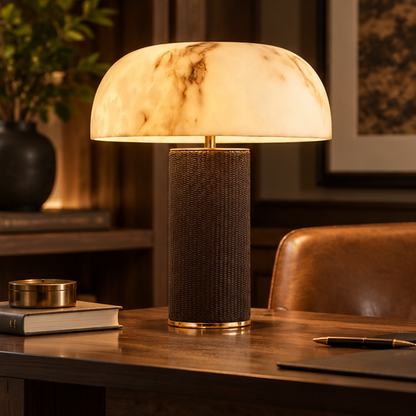 RoyaleGlow Dimmable Modern Table Lamp with Leather Base & Faux Alabaster Shade