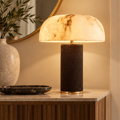 RoyaleGlow Dimmable Modern Table Lamp with Leather Base & Faux Alabaster Shade