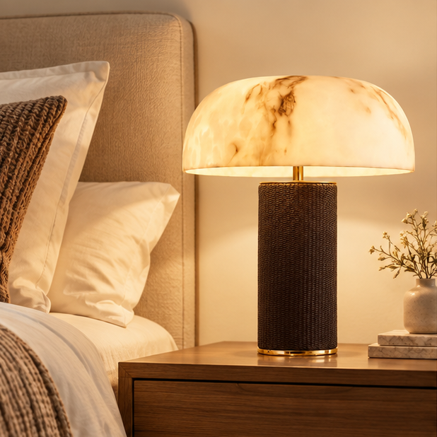 RoyaleGlow Dimmable Modern Table Lamp with Leather Base & Faux Alabaster Shade