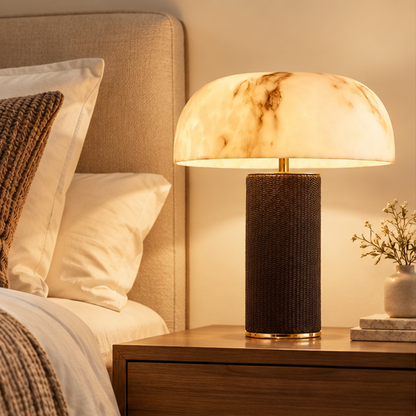 RoyaleGlow Dimmable Modern Table Lamp with Leather Base & Faux Alabaster Shade