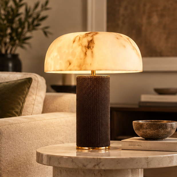 RoyaleGlow Dimmable Modern Table Lamp with Leather Base & Faux Alabaster Shade