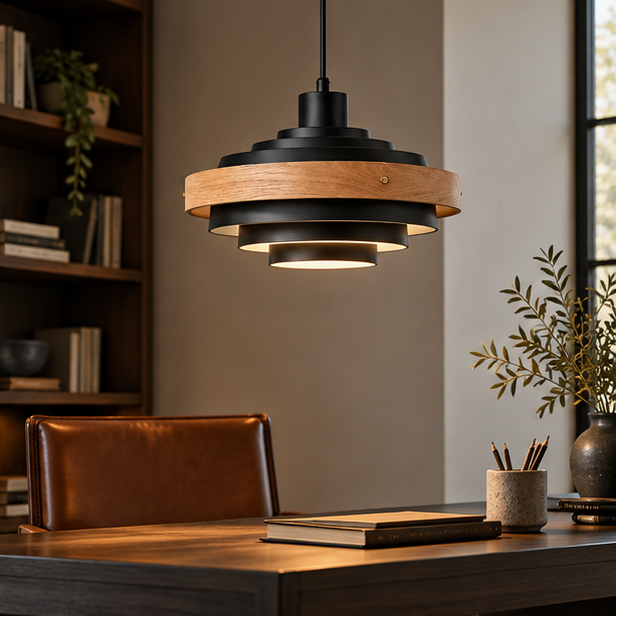 Royelux Modern Wood And Metal Drum Pendant Light - Nordic Adjustable Hanging Lamp