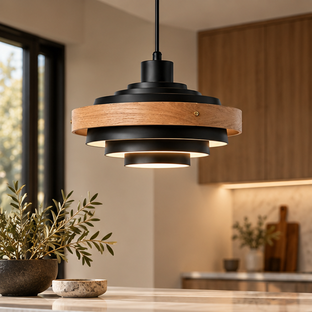 Royelux Modern Wood And Metal Drum Pendant Light - Nordic Adjustable Hanging Lamp