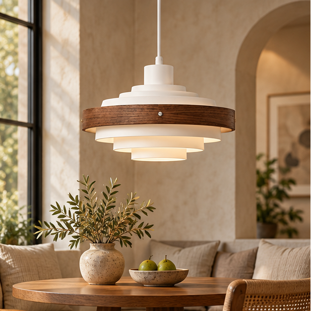 Royelux Modern Wood And Metal Drum Pendant Light - Nordic Adjustable Hanging Lamp