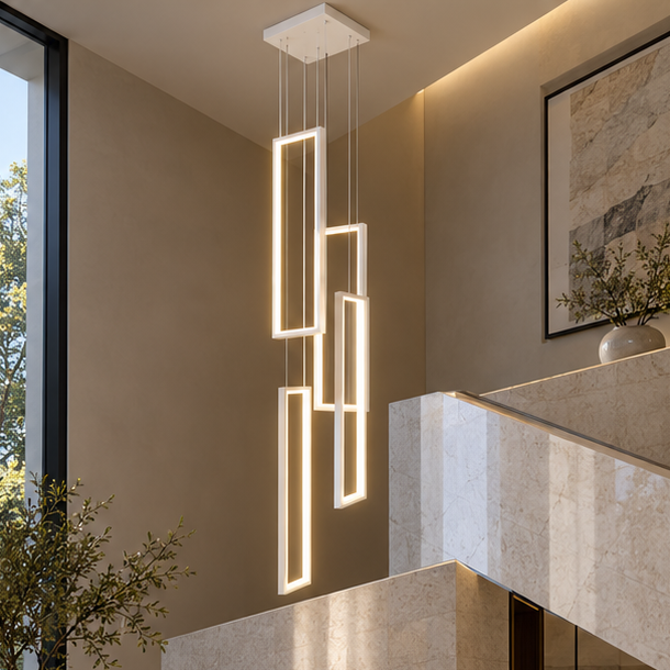 RoyaleGlow Modern LED Rectangle Pendant Chandelier for Living Room, Staircase & Foyer - Royale Basic