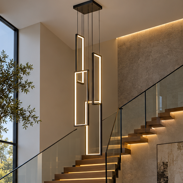 RoyaleGlow Modern LED Rectangle Pendant Chandelier for Living Room, Staircase & Foyer - Royale Basic