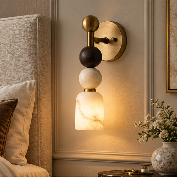 Royelux Genuine Alabaster Wall Sconce With Dark Marble Accent