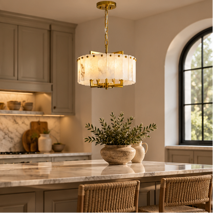 RoyaleGlow Modern Alabaster & Brass LED Hanging Chandelier - Luxury Light Fixture