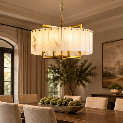 RoyaleGlow Modern Alabaster & Brass LED Hanging Chandelier - Luxury Light Fixture