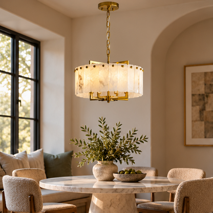 RoyaleGlow Modern Alabaster & Brass LED Hanging Chandelier - Luxury Light Fixture