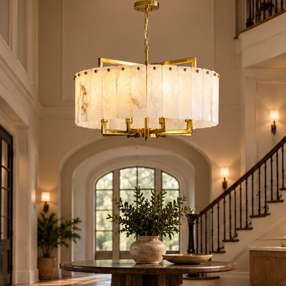 RoyaleGlow Modern Alabaster & Brass LED Hanging Chandelier - Luxury Light Fixture
