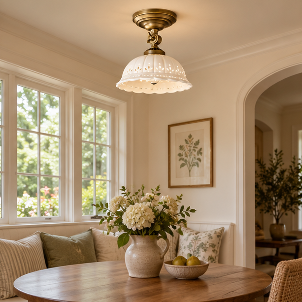 Royelux Antique Brass Flush Mount Ceiling Light with Ceramic Shade - Retro Indoor Lighting