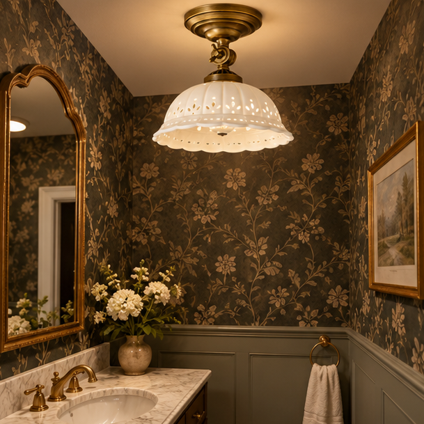 Royelux Antique Brass Flush Mount Ceiling Light with Ceramic Shade - Retro Indoor Lighting