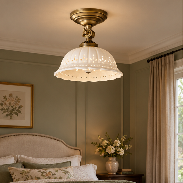 Royelux Antique Brass Flush Mount Ceiling Light with Ceramic Shade - Retro Indoor Lighting