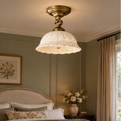 Royelux Antique Brass Flush Mount Ceiling Light with Ceramic Shade - Retro Indoor Lighting