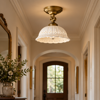 Royelux Antique Brass Flush Mount Ceiling Light with Ceramic Shade - Retro Indoor Lighting