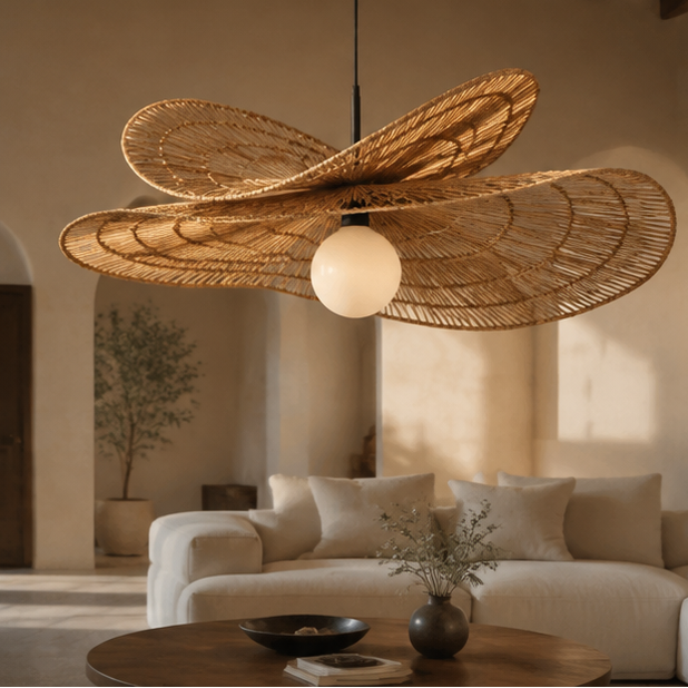 LuxRoyale Handwoven Rattan Pendant Light-Organic Petal Design Ceiling Lamp