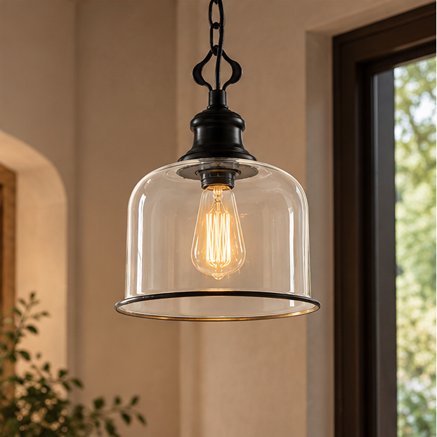LuxRoyale Bell Shaped Glass Pendant Light - Adjustable Bronze Hanging Ceiling Fixture